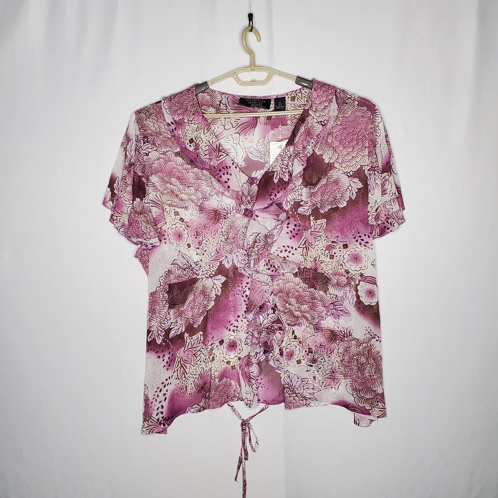 Dressbarn 90s Empire Top Women 4X Purple Flutter Tie Chiffon Ruffle‎ Floral